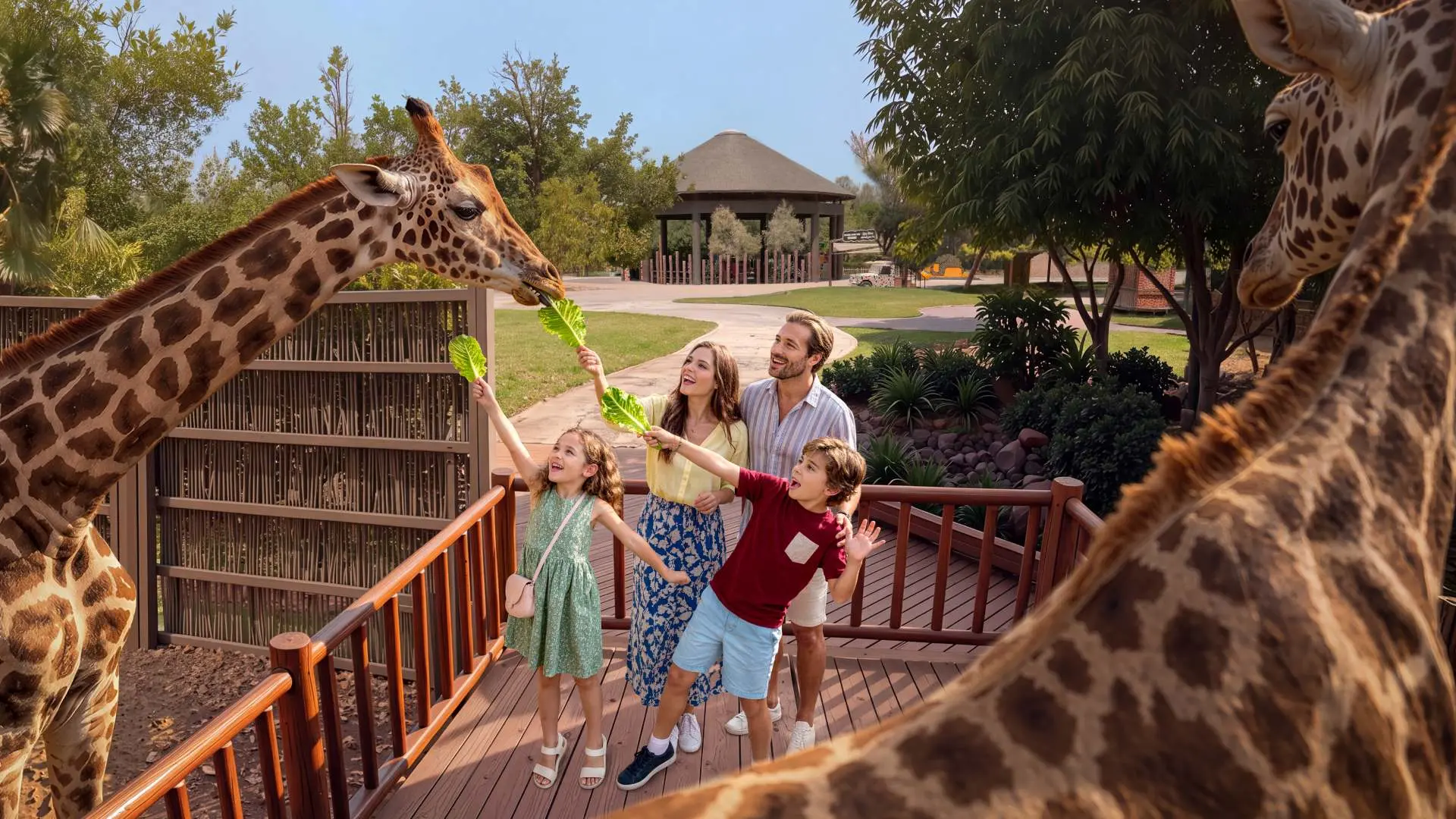 A family feeding a giraffe at Dubai Safari Park