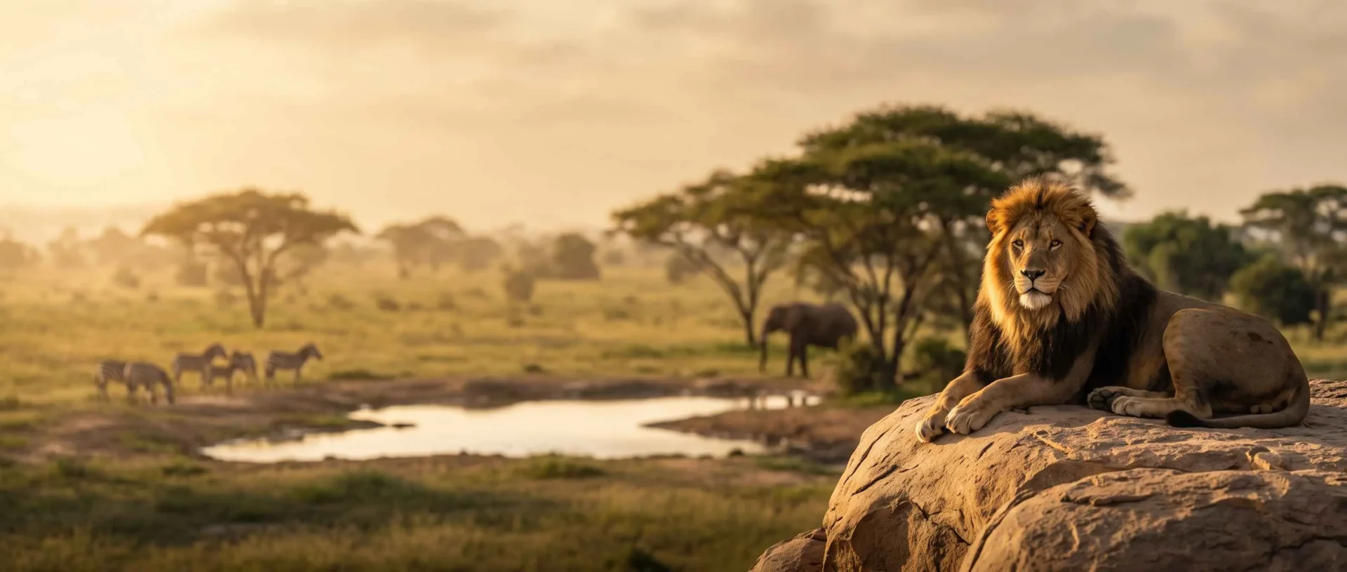 A lion resting on a rock above a savannah waterhole at sunset, with zebras and an elephant in the distance