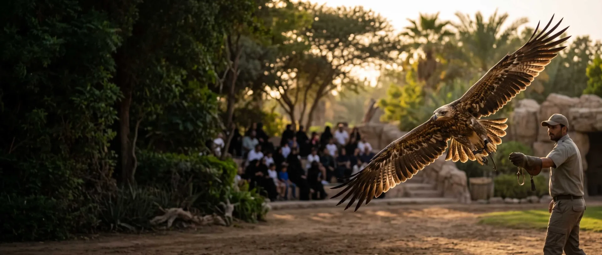A keeper with a falconry glove as an eagle swoops past the audience at the Birds of Prey presentation