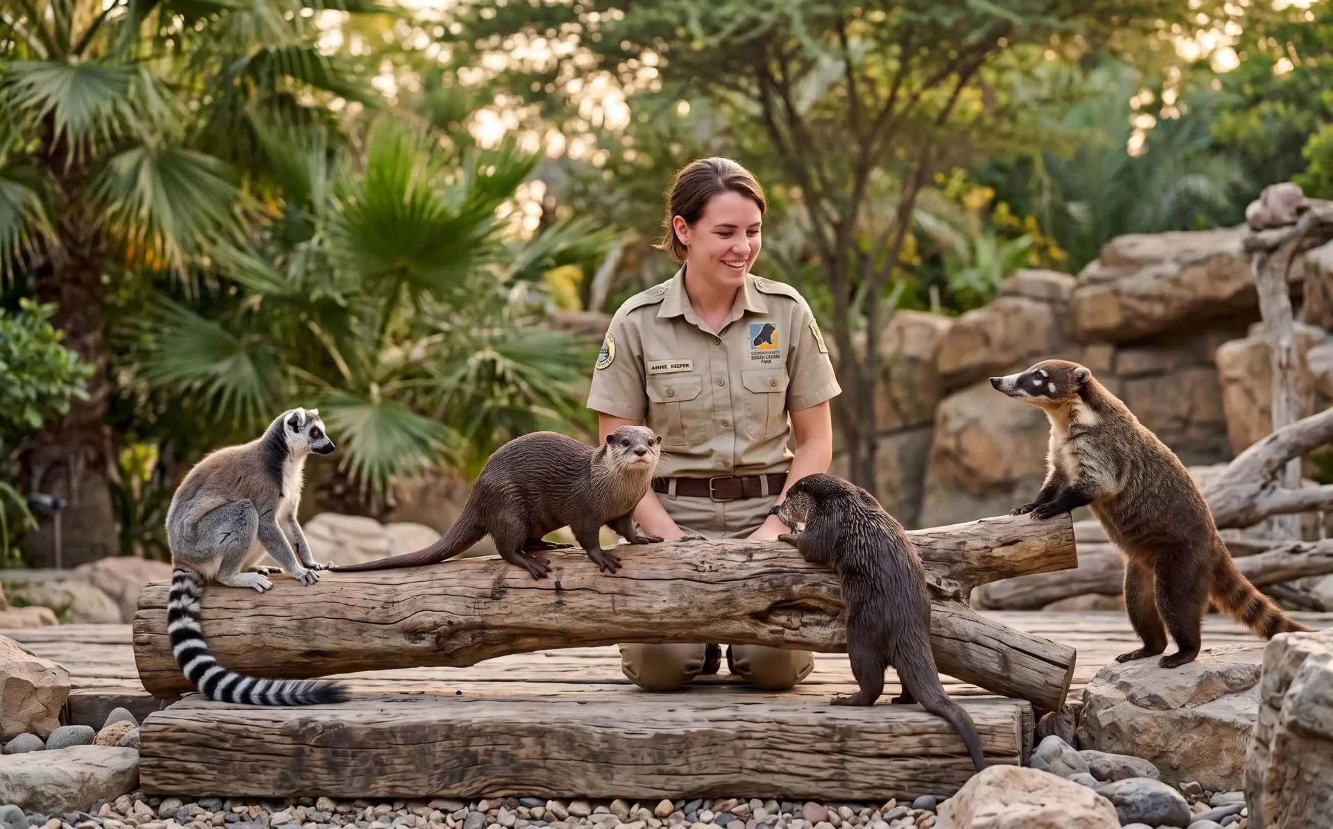 A keeper kneeling by a log with two otters, a ring-tailed lemur and a coati at Echoes of the Wild