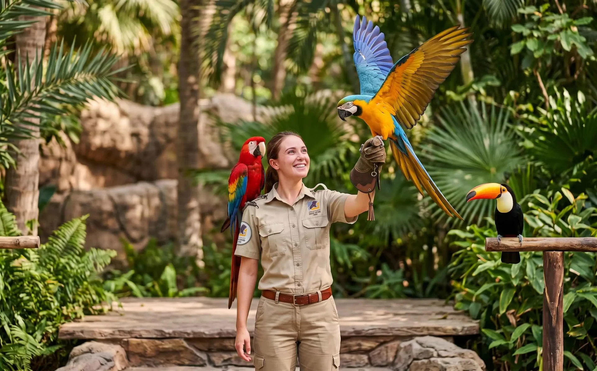 A keeper holding out a gloved hand as a blue-and-gold macaw lands, with a scarlet macaw on the shoulder and a toucan nearby