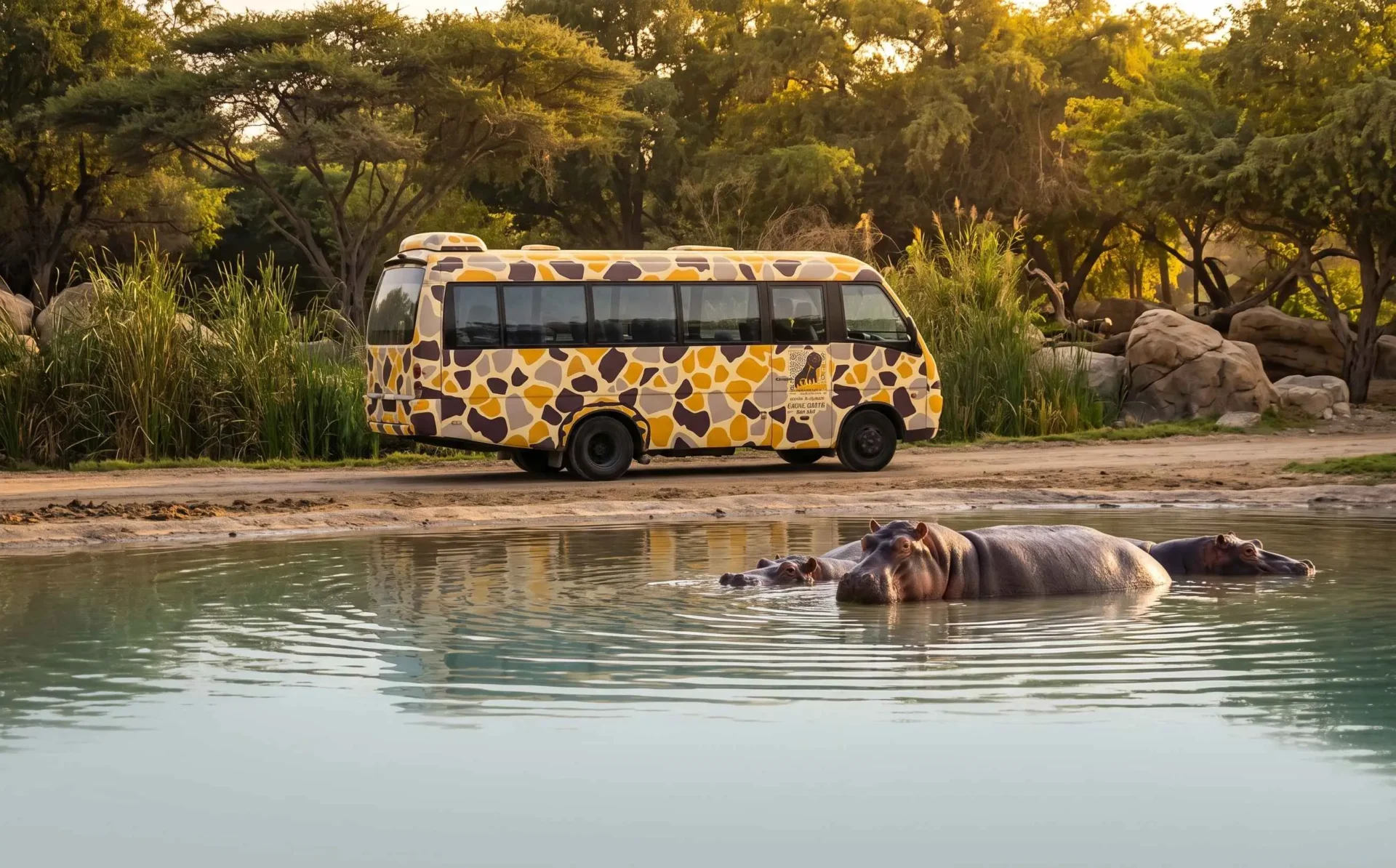 The Explorer Safari bus in its giraffe-pattern livery passing hippos resting in a pond