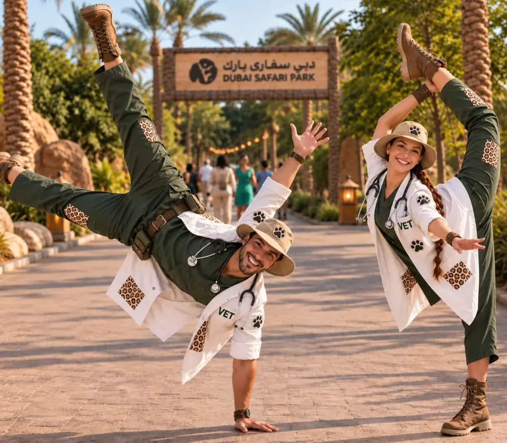 Two acrobatic vets performing flips on a park path