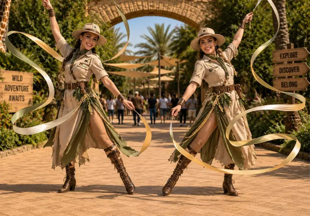 Two ranger ribbon dancers swirling long gold ribbons