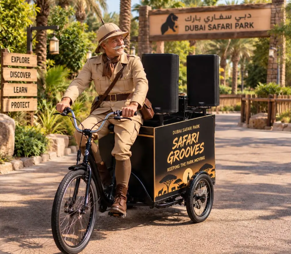 A vintage safari explorer riding a music bike