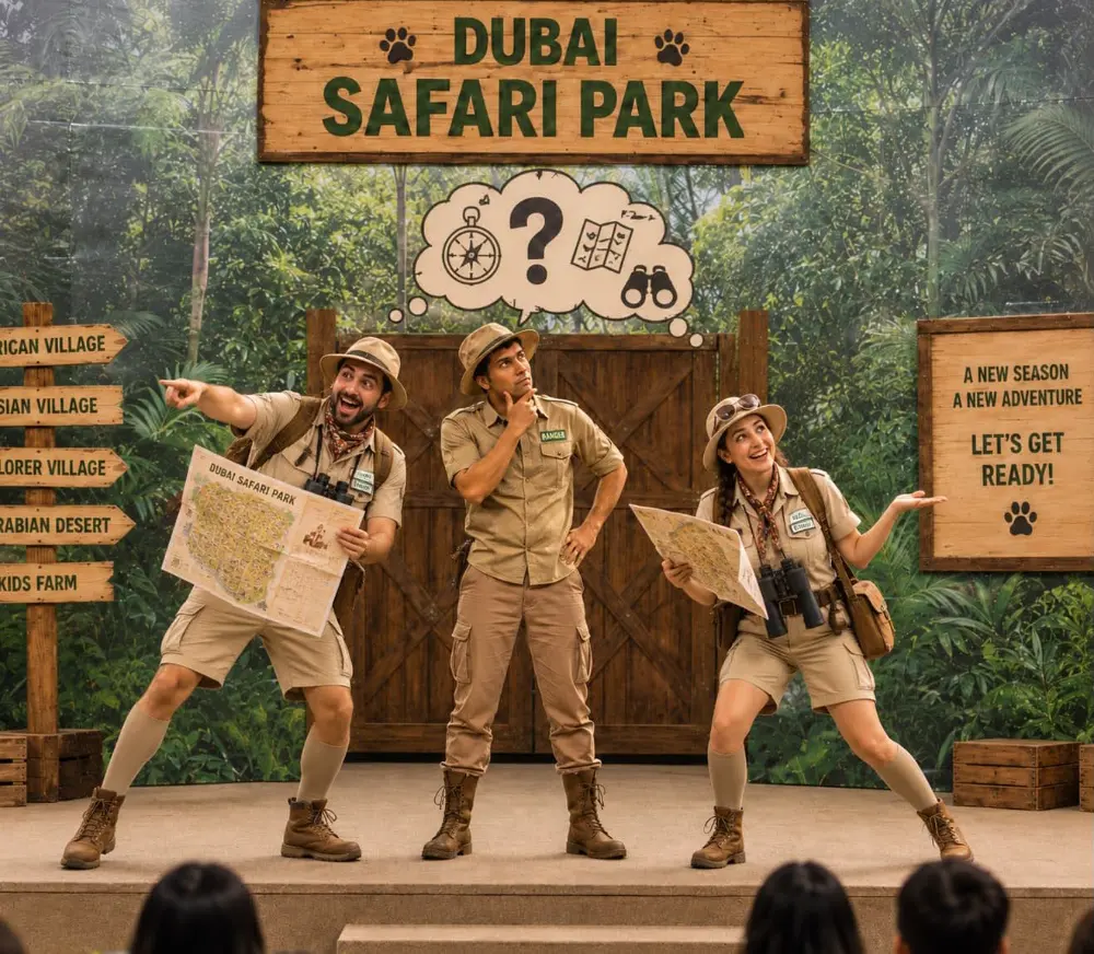 Two safari tour guides with maps dancing on stage