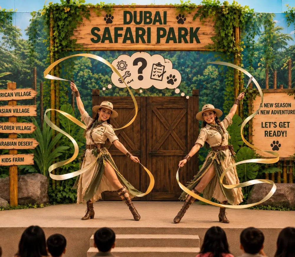 Two ribbon dancers in ranger costumes on stage