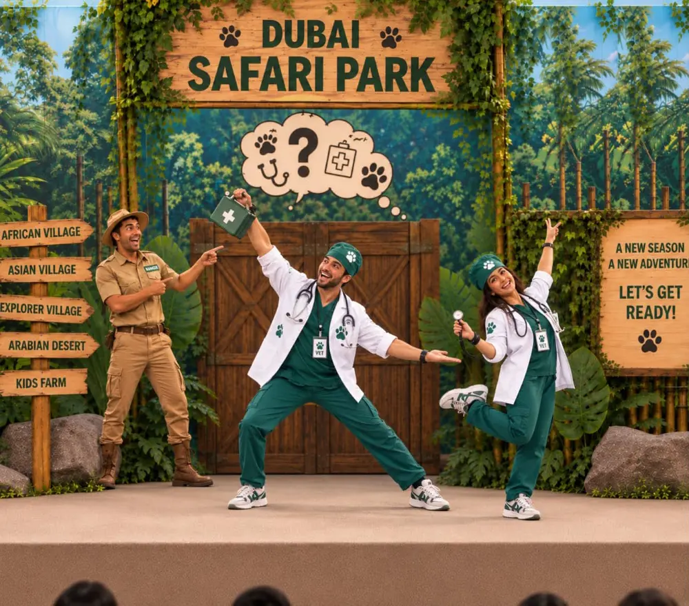 Two safari vets dancing on stage