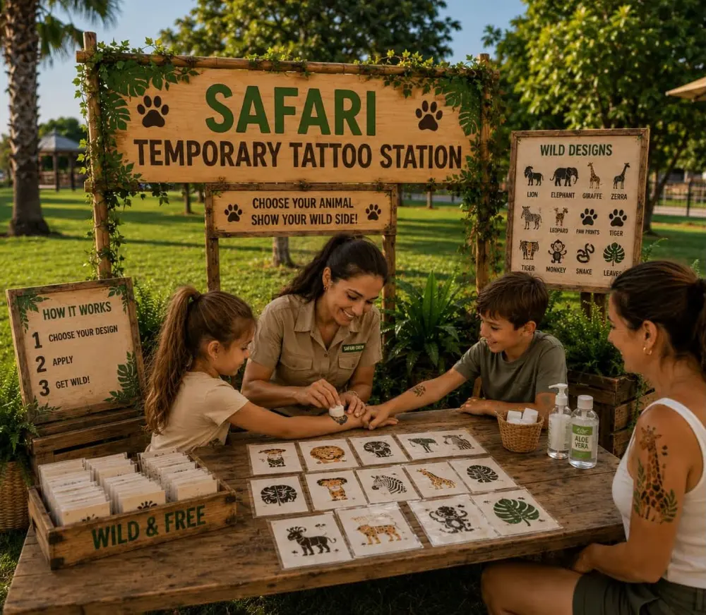 A host applying a safari temporary tattoo